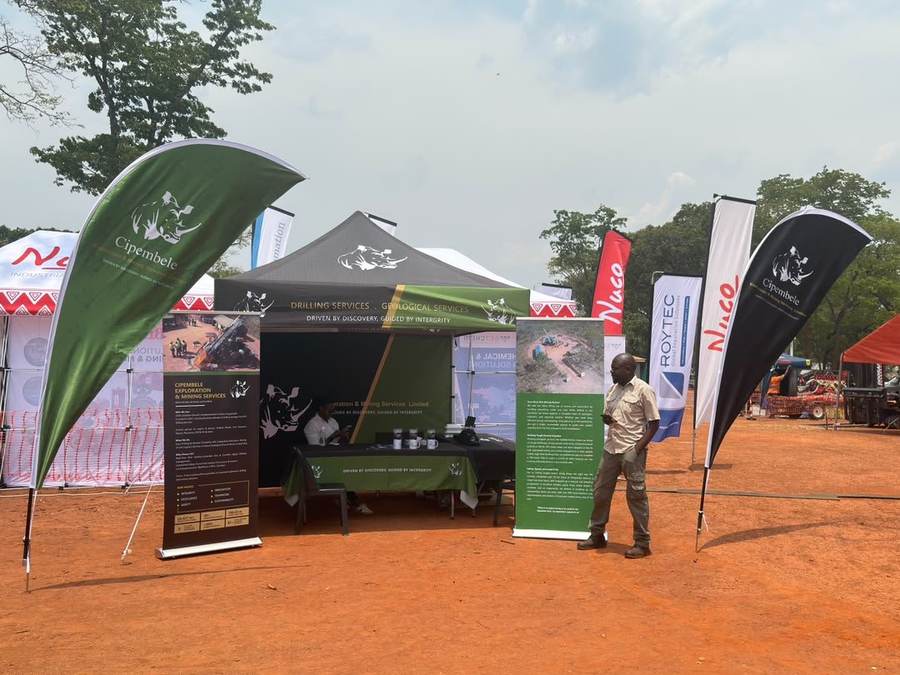 Cipembele exhibition stand with branded gazebo, banners and flags at the MTE Kalumbila expo