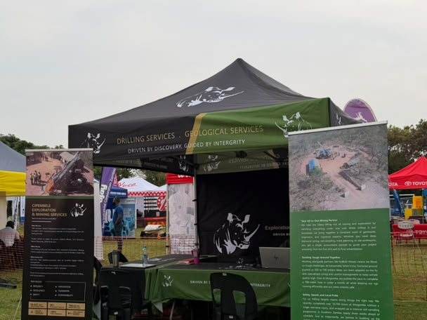 Cipembele exhibition stand with branded gazebo and pull-up banners at the MTE Kansanshi expo in Solwezi